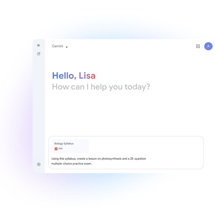 Gemini UI appears, displaying “Hello, Lisa. How can I help you today?” A prompt is entered. Gemini displays a response.